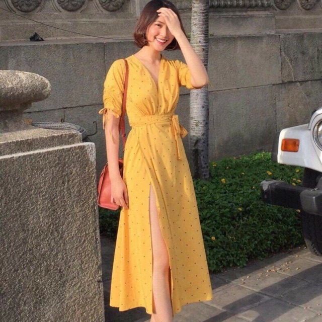 Đầm váy maxi bi vàng xẻ tà (kèm hình thật) | BigBuy360 - bigbuy360.vn