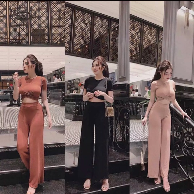 Set áo croptop xoắn eo + quần ống rộng