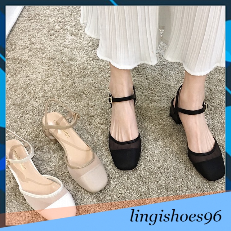 Giày cao gót bít mũi nữ - Ren lưới đế vuông 5.5p - Thời trang HOT 2020 SD001 [LINGI shoes]