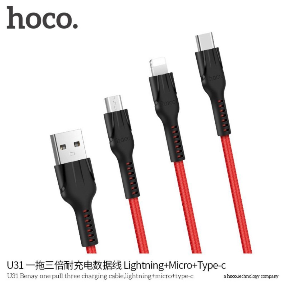 Dây sạc 3 đầu Hoco U31, Cáp sạc nhanh cho điện thoại Iphone Ipad Samsung Oppo Pin Dự Phòng TypeC/ Micro USB/ iOS/ androi