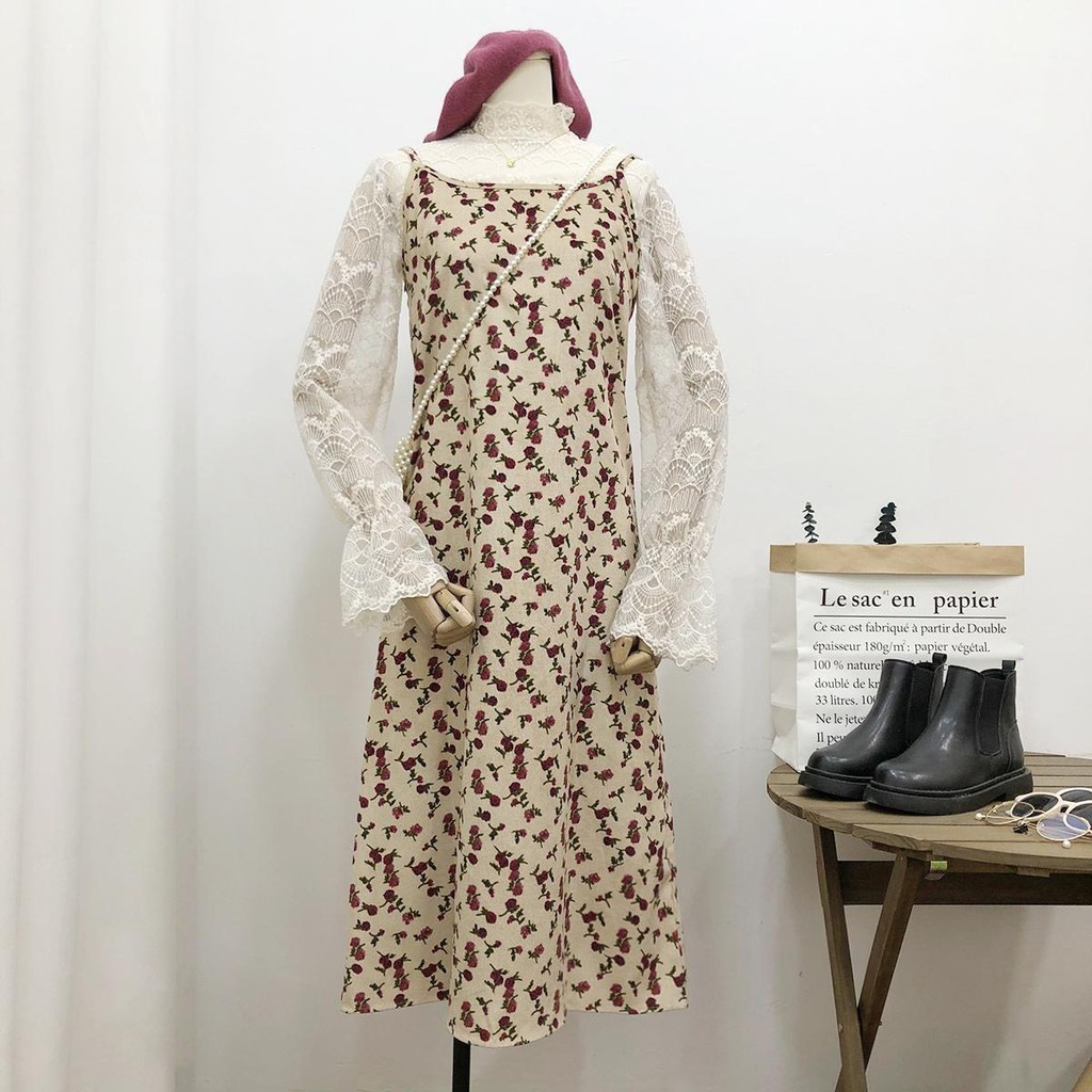 Váy hai dây nữ hoa nhí hàng quảng châu loại 1 chất nhung tăm dáng suông có ảnh thật VHD01 | BigBuy360 - bigbuy360.vn