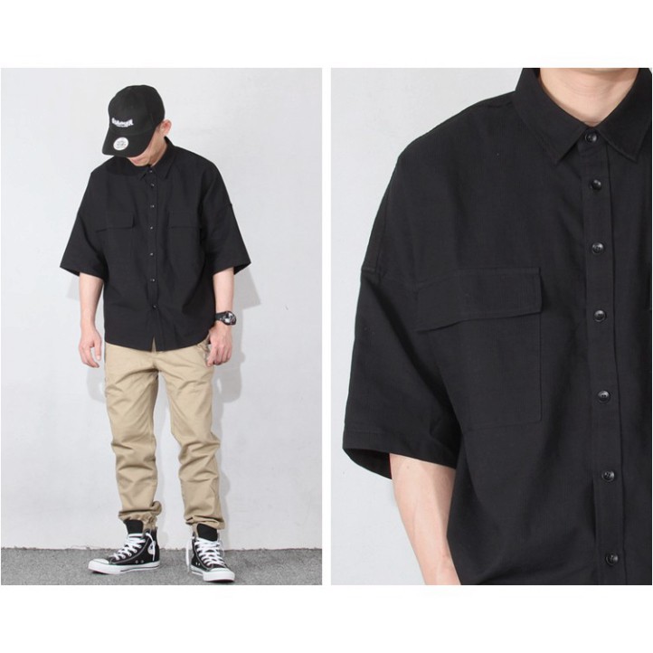 Áo sơ mi đen ngắn tay unisex nam nữ siêu hot | BigBuy360 - bigbuy360.vn