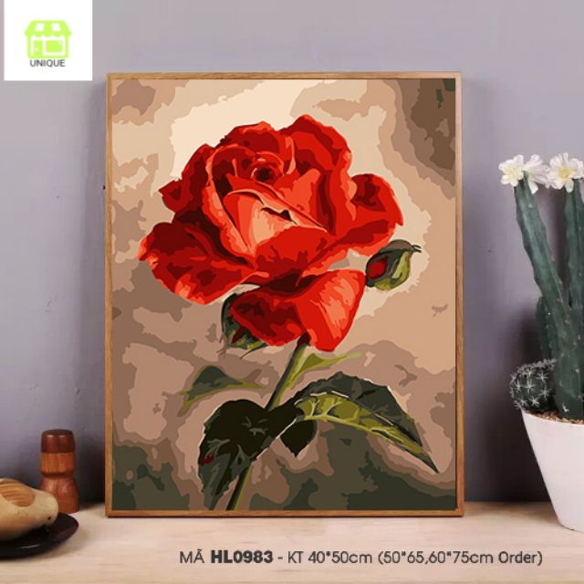 Loại khung dày 2.5cm Tranh sơn dầu số hóa mã HL0983 Hoa Hồng đã căng khung và đầy đủ phụ kiện