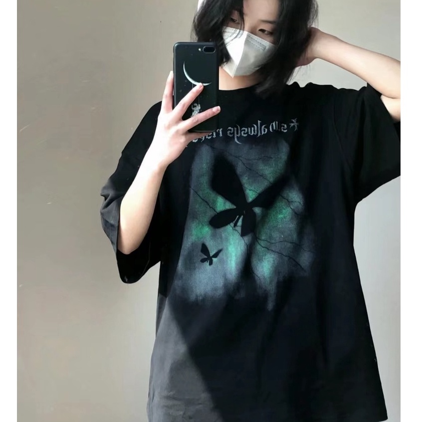 Áo Thun Tay Ngắn Cổ Tròn Dáng Rộng Vải Cotton Màu Đen In Hình Bướm Thời Trang Cho Nam Và Nữ
