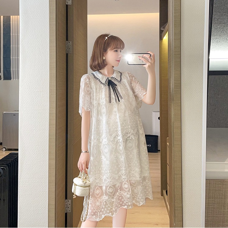 Váy đầm bầu cổ sơ mi ren thiết kế công sở, dự tiệc cho mẹ bầu phong cách hàn quốc sang trọng lịch sự mới mùa hè
