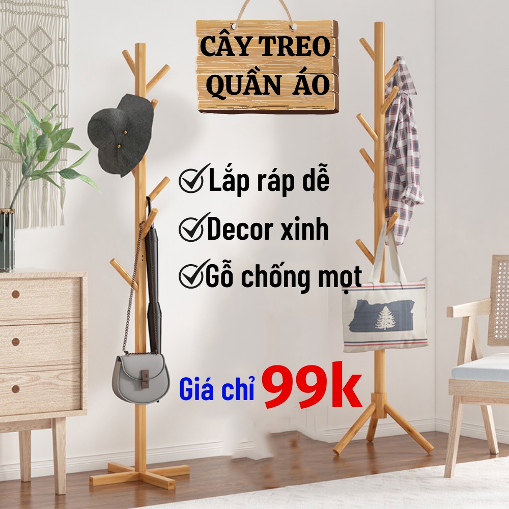 Cây Treo Quần Áo, Cây Treo Đồ Bằng Gỗ Tự Nhiên Đa Năng, Đồ Decor Hàn Quốc