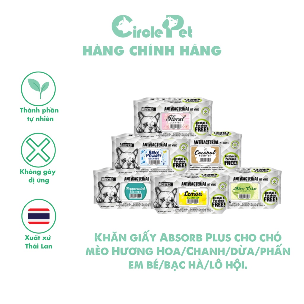 Khăn Giấy Kháng Khu.Ẩn Absorb Plus Cho Chó Mèo Trên 6 Tuần Tuổi Nhiều Mùi Hương Gói 80 Miếng.- Circle Pet