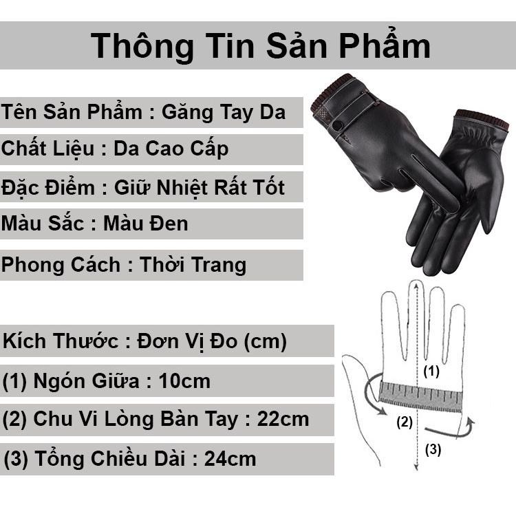 Găng tay da nam thời trang mùa đông chống lạnh cảm ứng lót nỉ ấm ấp phong cách bao tay lái xe giữ nhiệt tốt GT20