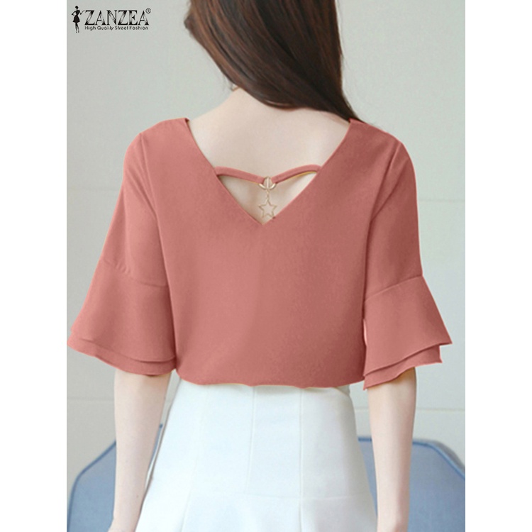 Áo voan ZANZEA tay lửng loe cổ chữ V thời trang cho nữ