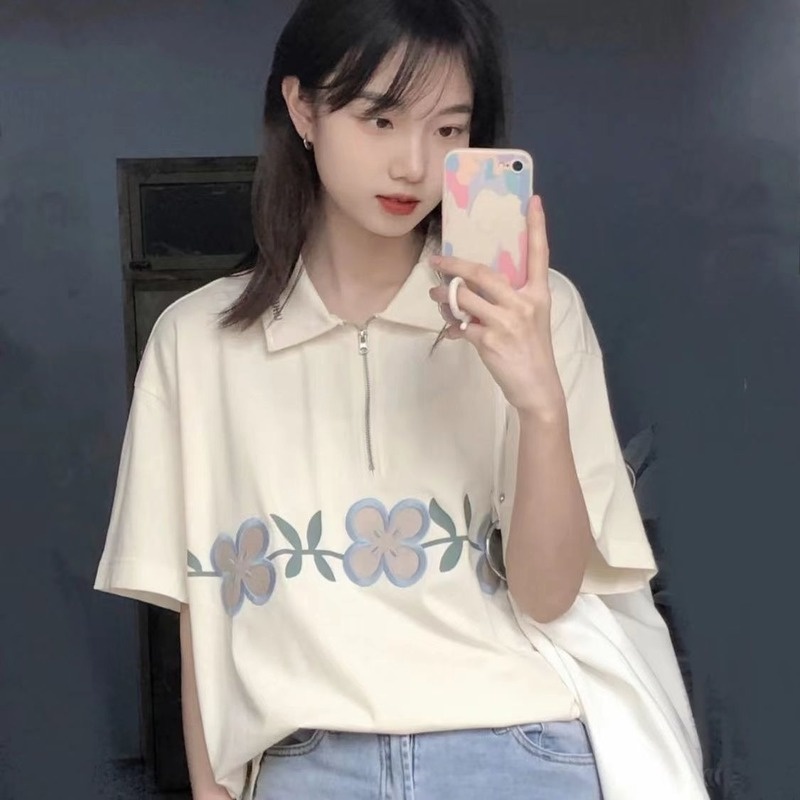 Áo polo Tay Ngắn Có Cổ Khóa Kéo Dáng Rộng Thời Trang Mùa Hè Mới Cho Nữ
