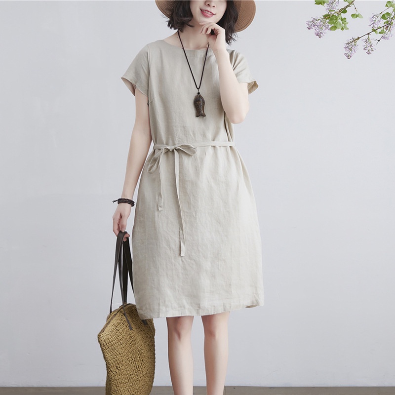 Đầm suông linen tay hến trẻ trung, chất vải linen mềm mát, thời trang phong cách Nhật Bản D84