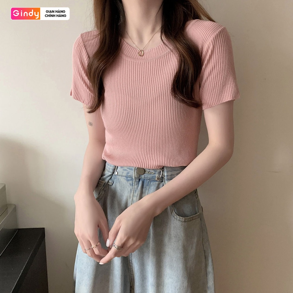 Áo len tăm nữ GINDY cổ tròn trơn dáng ôm tay ngắn co giãn thời trang thu đông A1105