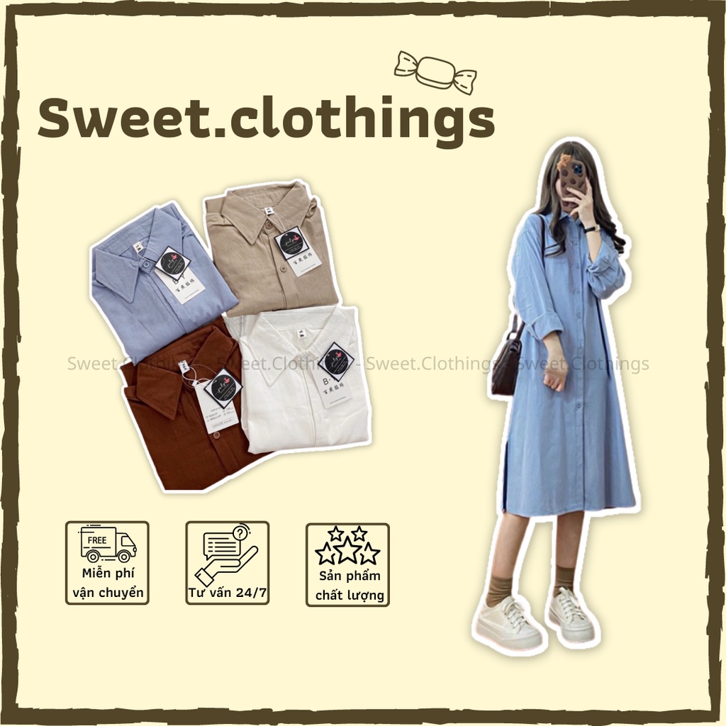 Váy sơ mi nữ trơn dáng dài form rộng FREESIZE xẻ tà 2 bên hàng loại 1 cực xịn SWEET.CLOTHINGS