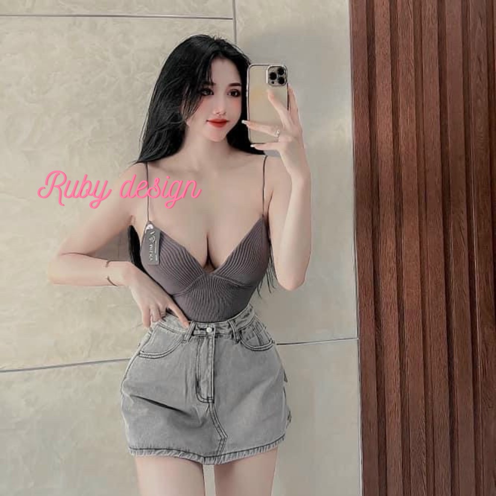 Bra áo bra nữ thun gân mảnh mút liền màu siêu Tây khoét ngực sâu phong cách sexy dễ phối đồ Ruby design