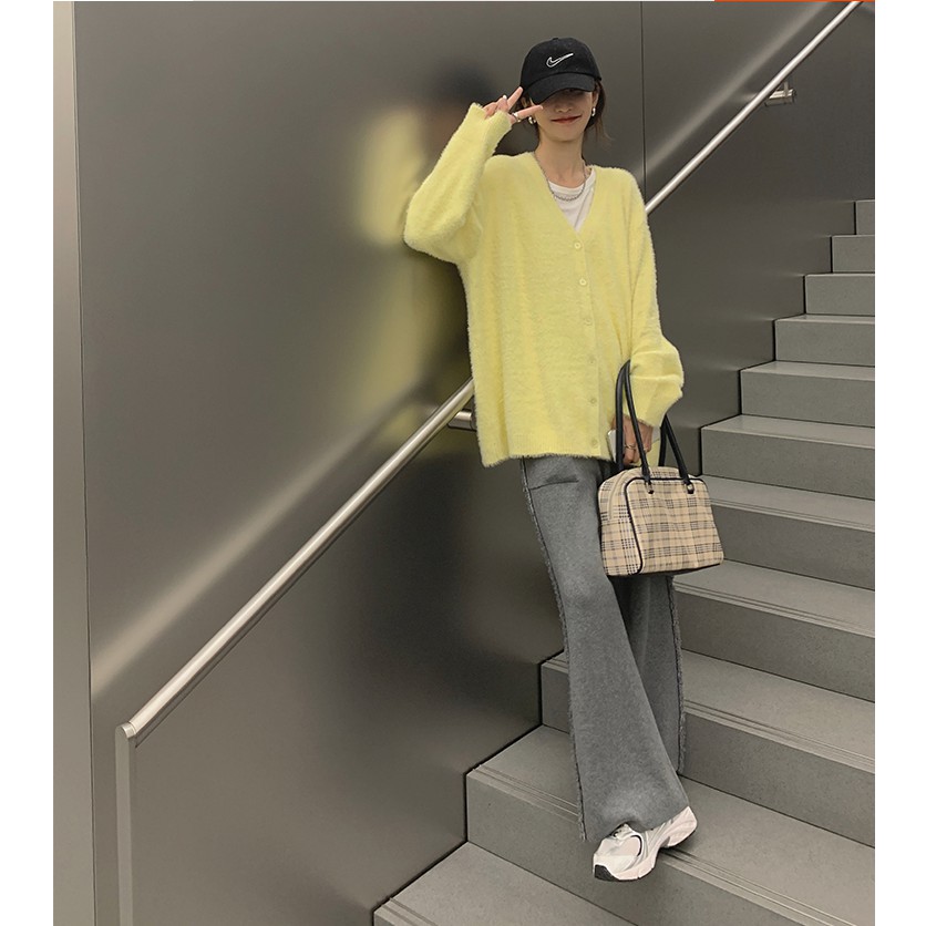 Áo Khoác Cardigan Dệt Kim Tay Dài Dáng Rộng Phong Cách Hàn Quốc