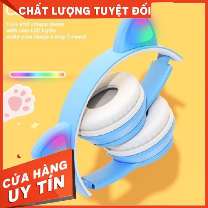 Tai nghe mèo bluetooth chụp tai cao cấp, Tai nghe mèo hồng dễ thương có micro đàm thoại, chơi game. Headphone phát sáng