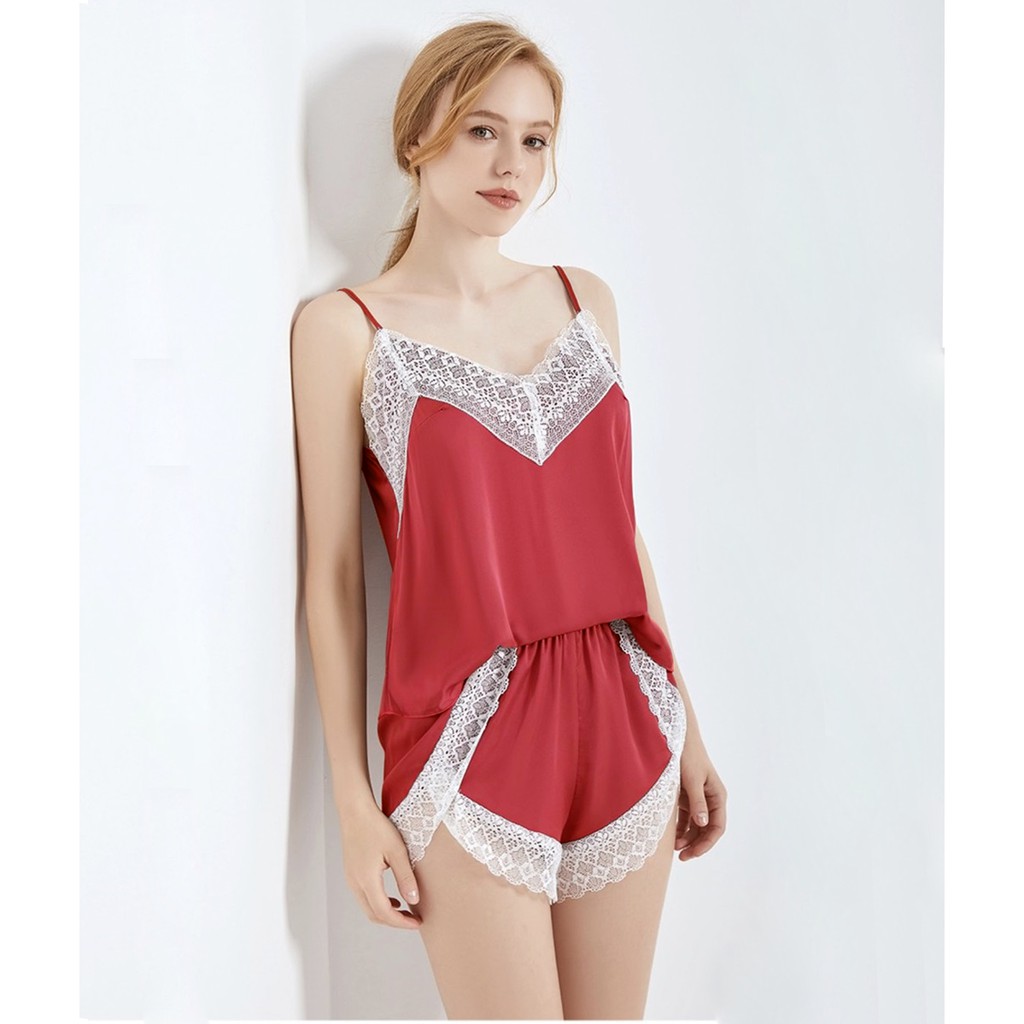Hisexy Đồ Ngủ 2 Dây Quần Cộc Ren Xẻ Mặc Nhà Lụa Satin Cao Cấp Đủ Size Dưới 75Kg Ms29