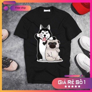 Áo thun nam,nữ tay ngắn, áo hình chó husky vs pug- Áo thun Trung Quốc Unisex - Áo cotton - Áo thun tay lỡ  (ĐEN)
