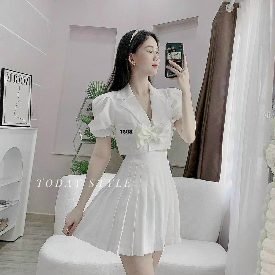 Áo croptop cổ vest tay ngắn phối nơ thêu chữ siêu xinh, áo croptop đẹp