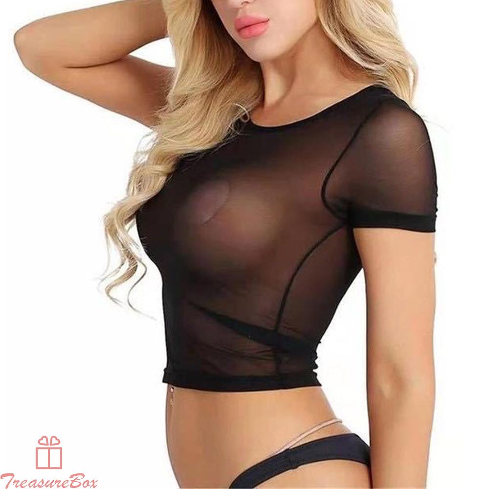 Womens Tops Round Neck See-through Sexy Sheer Short Sleeve Ladies Mesh