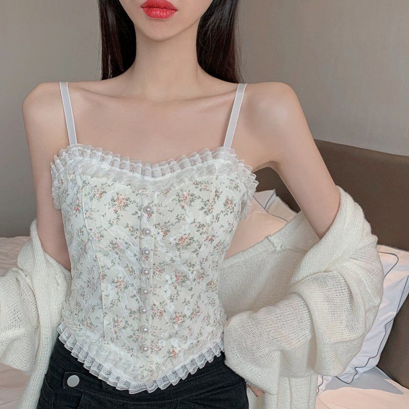 Áo bra ren 2 dây Cham hai lớp đính khuy giữa nhún lưng hoa cúc Loli AB10