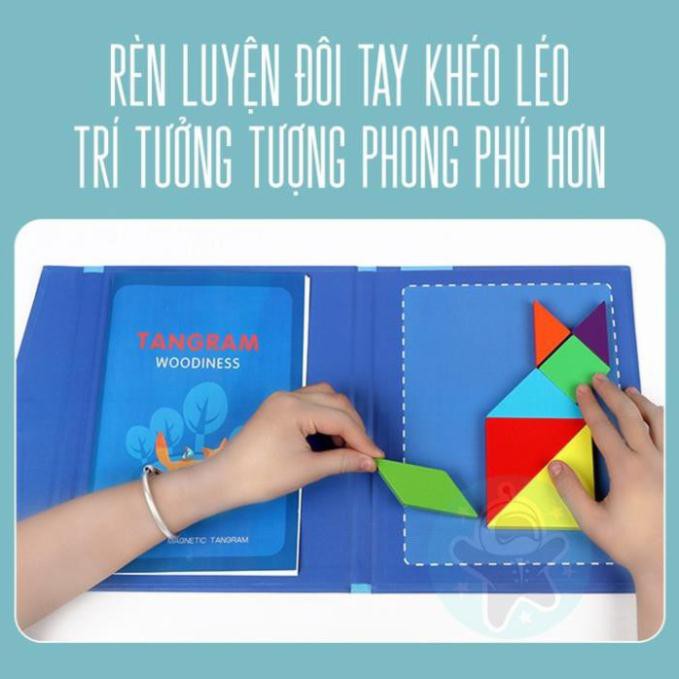 Đồ Chơi Cho Bé Xếp Hình Gỗ Tangram Nam Châm Có Kèm Sách, Đồ Chơi Thông Minh Cho Bé Tư Duy Phát Triển Trí Tuệ