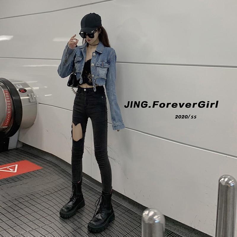 Áo Khoác Denim Ngắn Lưng Cao Dáng Ôm Màu Sắc Sáng Phong Cách Hàn Quốc Thời Trang Xuân Thu Cho Nữ