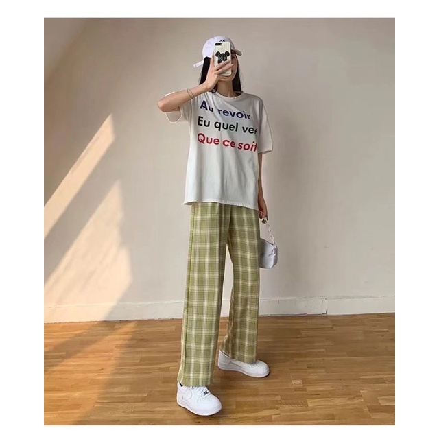 MS076 Quần suông ống rộng kẻ caro cạp chun