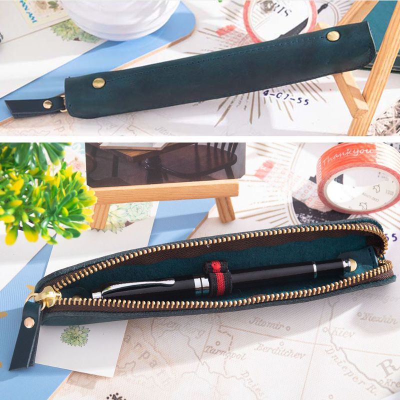 Túi Đựng Bút Bằng Da Thủ Công Có Khóa Kéo Phong Cách Vintage