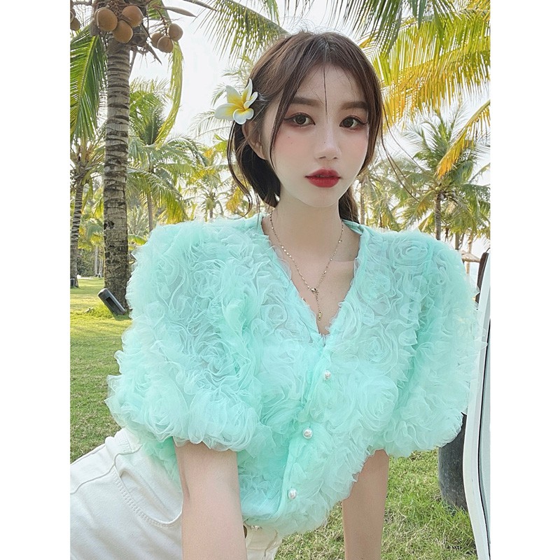 Lethercat Áo voan mùa hè Xanh Pátel ảnh thật cuối