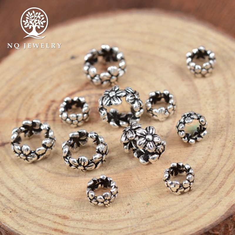 Combo 5 charm bạc chặn hạt hình trụ họa tiết bông hoa 5.5mm - NQ Jewelry