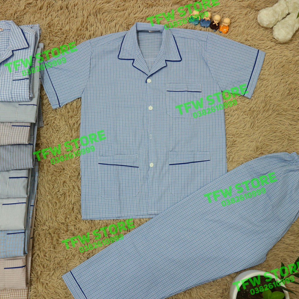 [99k] Bộ pijama nam trung niên vải kate kẻ sọc (pyjama, cộc tay), quần áo mặc nhà, bộ ngủ cho ông, cho bố - Hàng VN