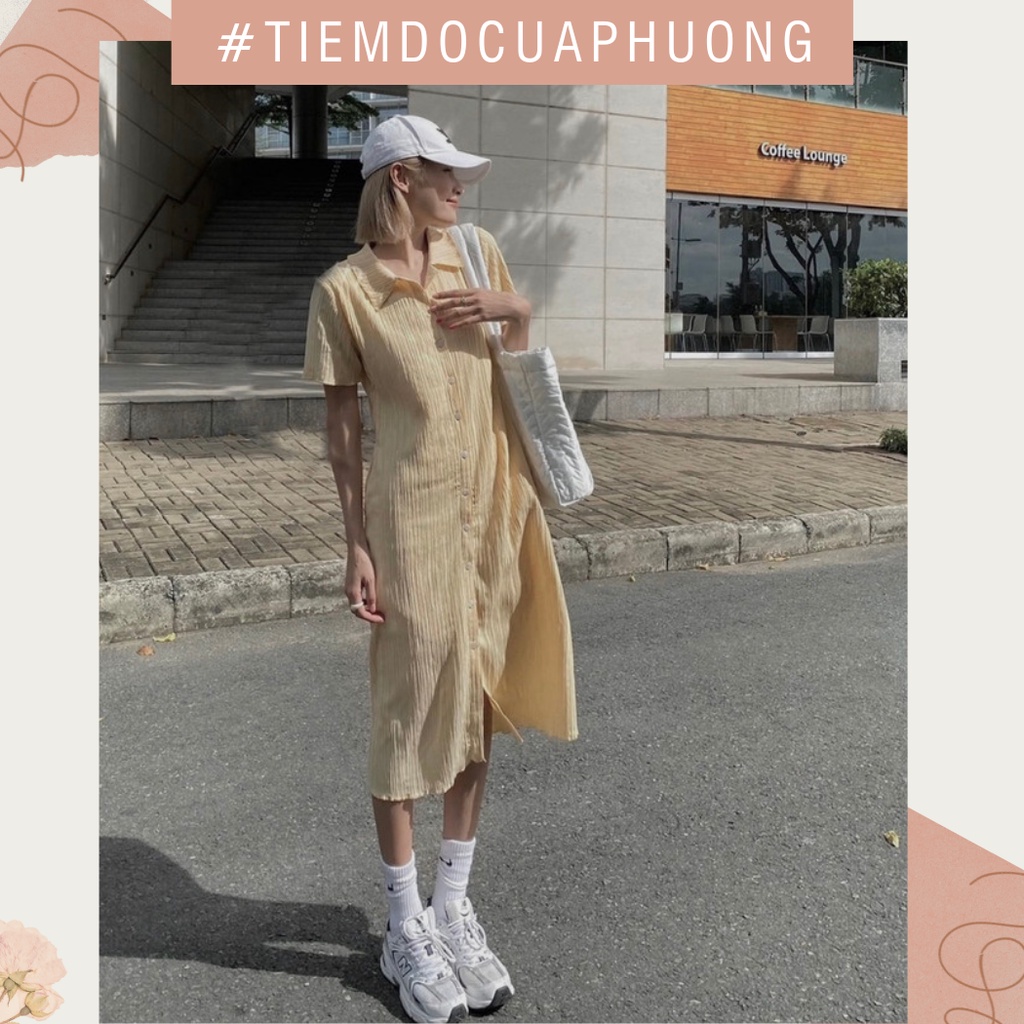 Váy/Đầm sơ mi đũi nhăn hai lớp cộc tay dáng dài cúc khảm trai siêu xinh
