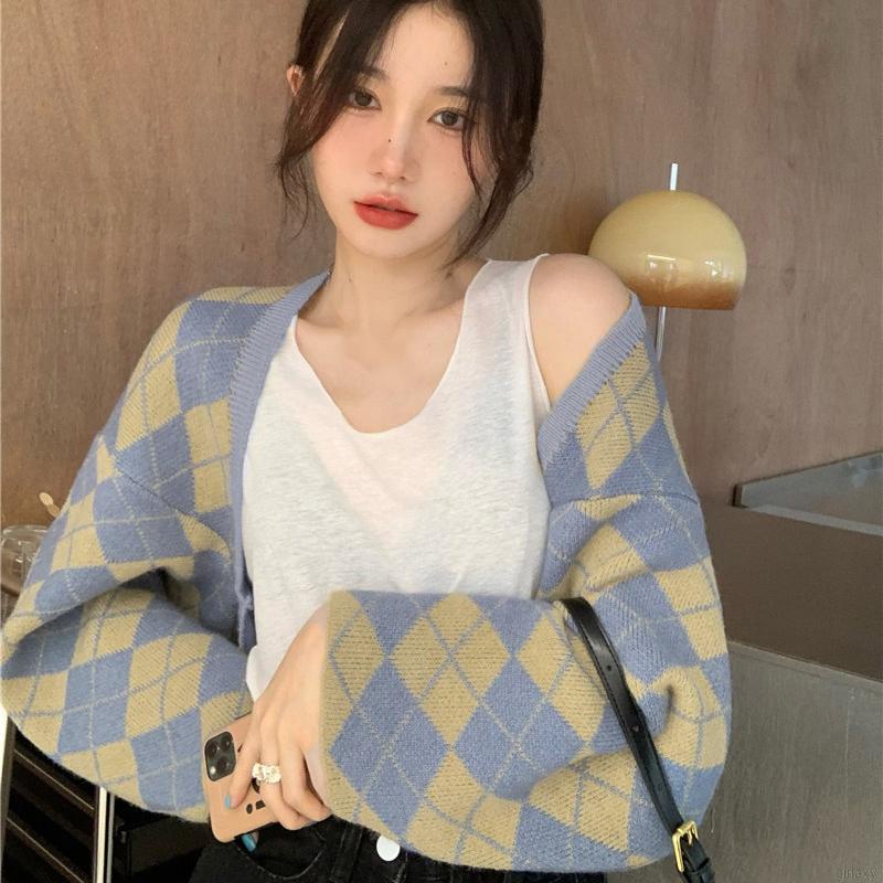 Áo khoác cardigan tay dài dáng rộng họa tiết kẻ ô phong cách cổ điển Hàn Quốc