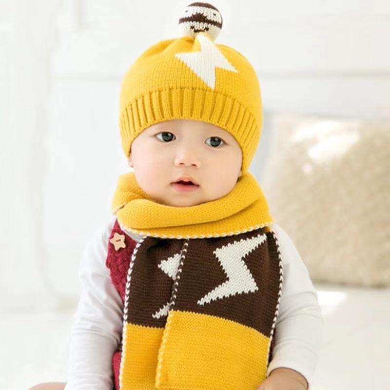 Set mũ len kèm khăn ống mặt cười len đan