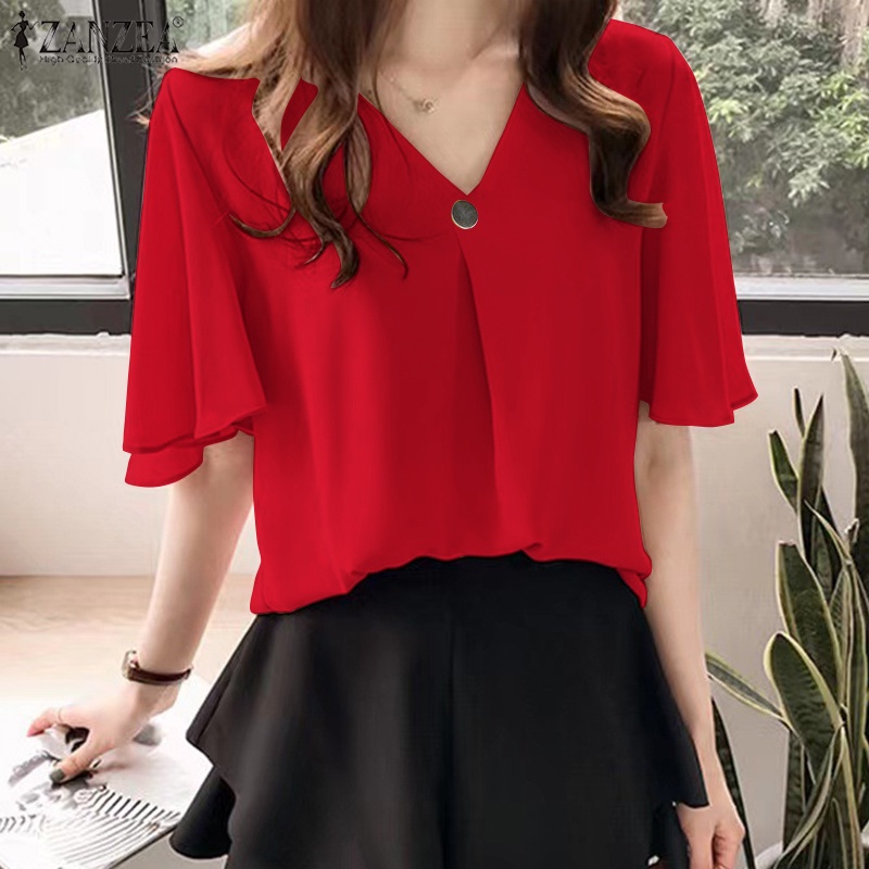 Áo kiểu nữ ZANZEA cổ chữ V tay ngắn dáng rộng phong cách cổ điển