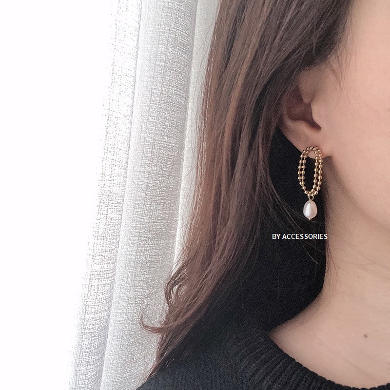 Bông tai titan chuỗi bi giọt nước không gỉ WE200403