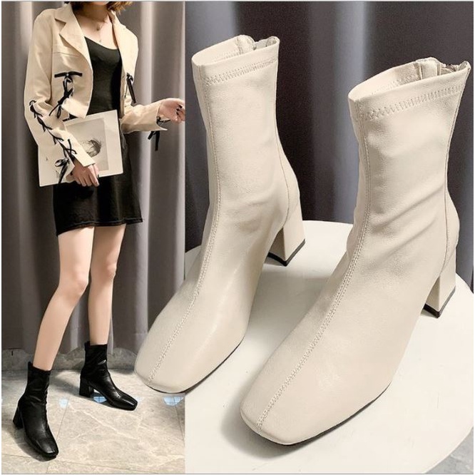 Giày Bốt Nữ Ulzzang Cao Cổ Da mềm Gót Vuông 5Cm có khóa sau cao cấp màu đen kem hot 001