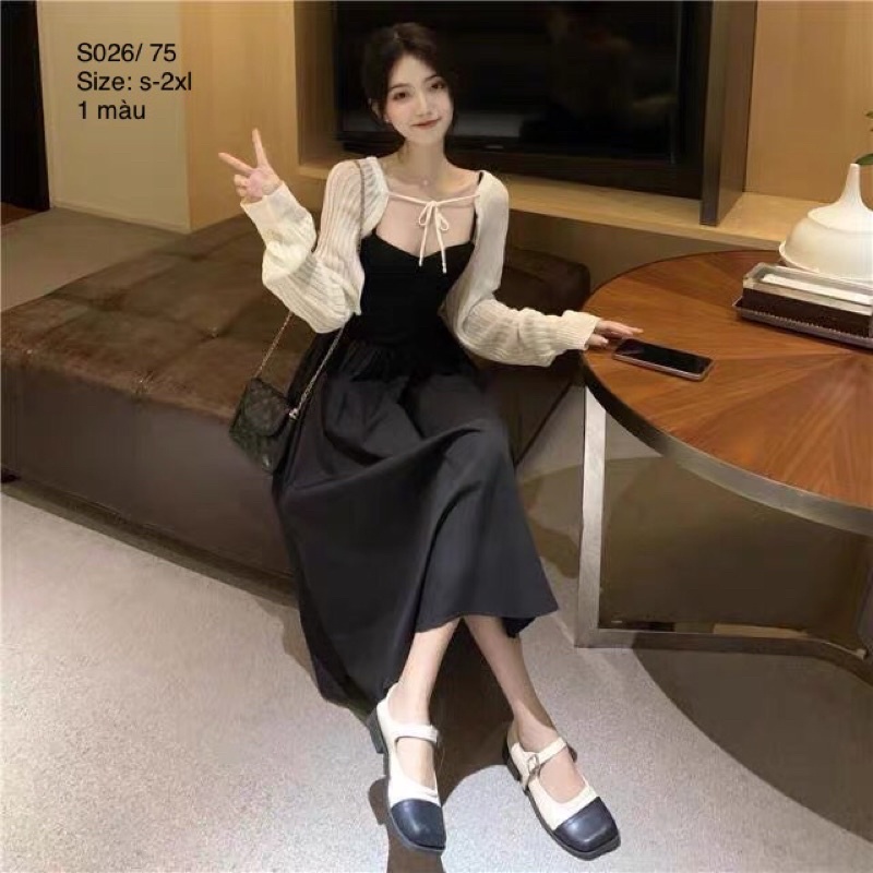 🍂 Set Cardigan len croptop dây buộc cổ + váy 2 dây đen dáng dài xoè nhẹ sang chảnh