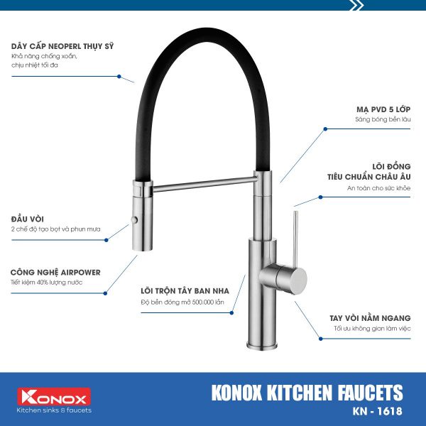 Vòi rửa bát cần mềm KONOX KN1618 hợp kim đồng
