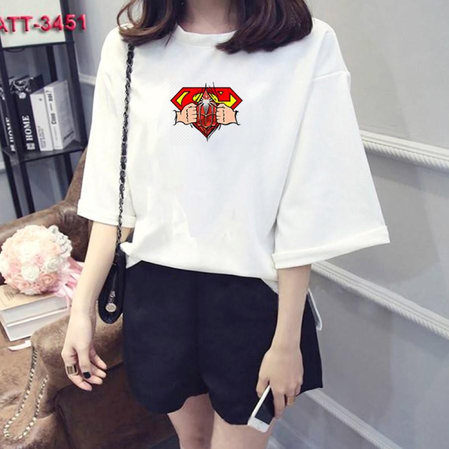 Áo thun nữ tay lỡ Hàn Quốc form rộng in hình siêu nhân xé áo vài dày mịn TEEWOTL64