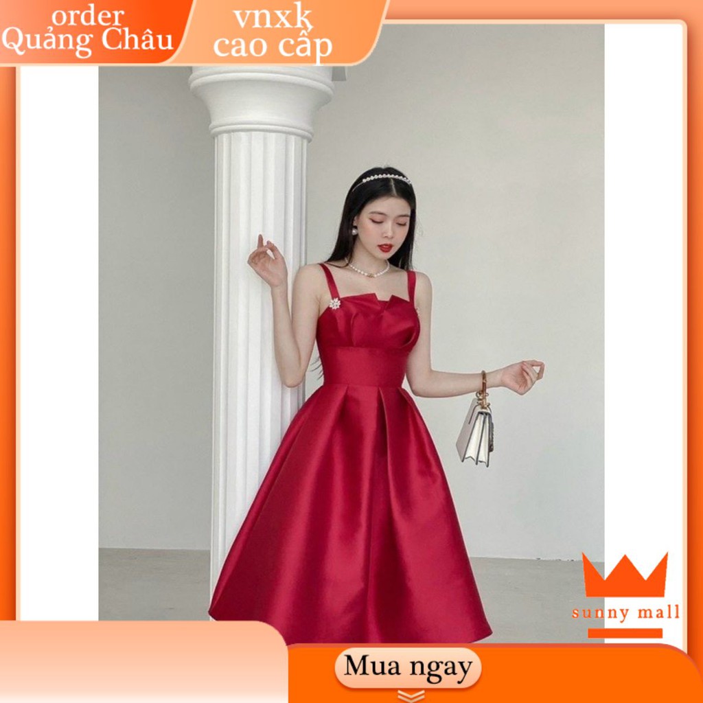 Đầm xoè 2 dây xếp ly ngực SIÊU XINH váy dự tiệc thiết kế cao cấp quảng châu rẻ đẹp