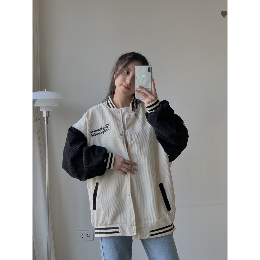 Áo khoác bóng chày nhung tăm 2 lớp thêu chữ JB124 LOLLIE STUDIO