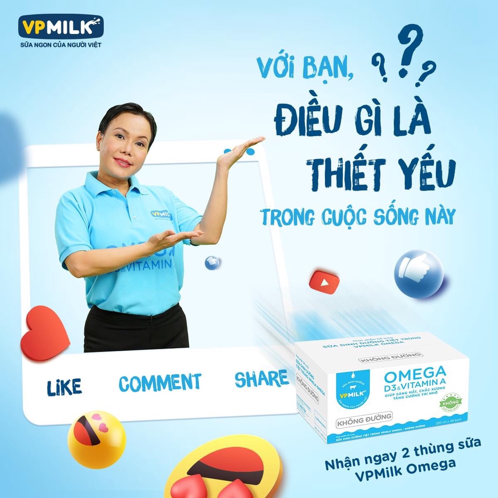 Thùng 48 bịch Sữa Dinh Dưỡng Tiệt Trùng VPMilk Omega Không Đường 220ml
