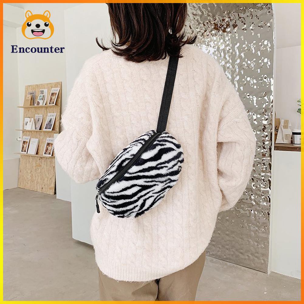 ○Encounter○ Animal Pattern Fanny Waist Pack Women Plush Shoulder Chest Crossbody Bag☆