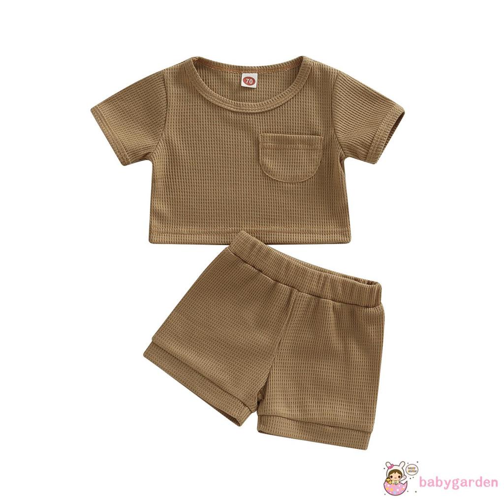 Bộ Áo Tay Ngắn Cổ Tròn + Quần Short Dây Rút Màu Trơn Thời Trang Mùa Hè Dành Cho Bé Trai 0-24 Tháng