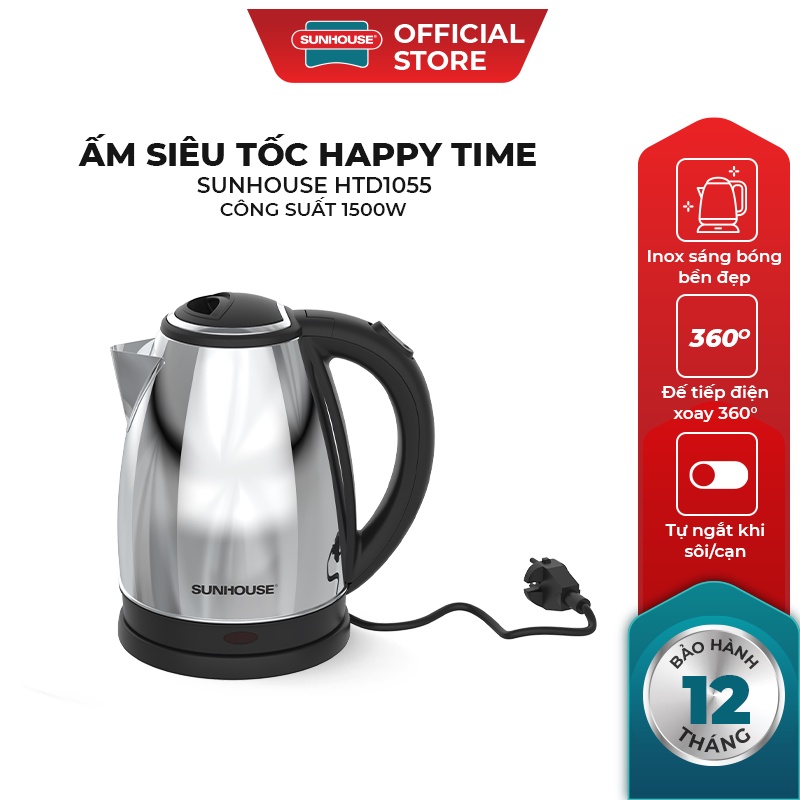 Ấm Siêu Tốc Inox SUNHOUSE HAPPY TIME HTD1055 (1.5L) - Hàng Chính Hãng