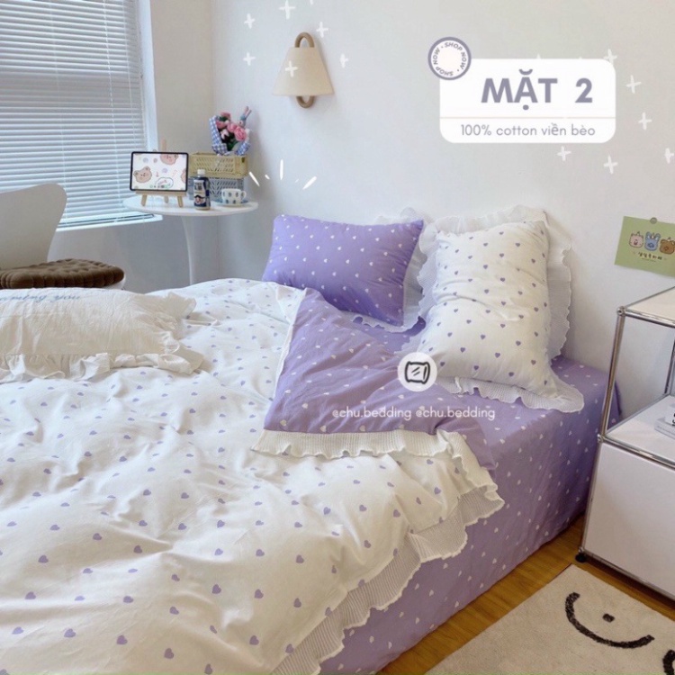 Bộ chăn ga gối chất liệu COTTON 100% viền bèo tim Châu Báu Bedding Miều Bedding