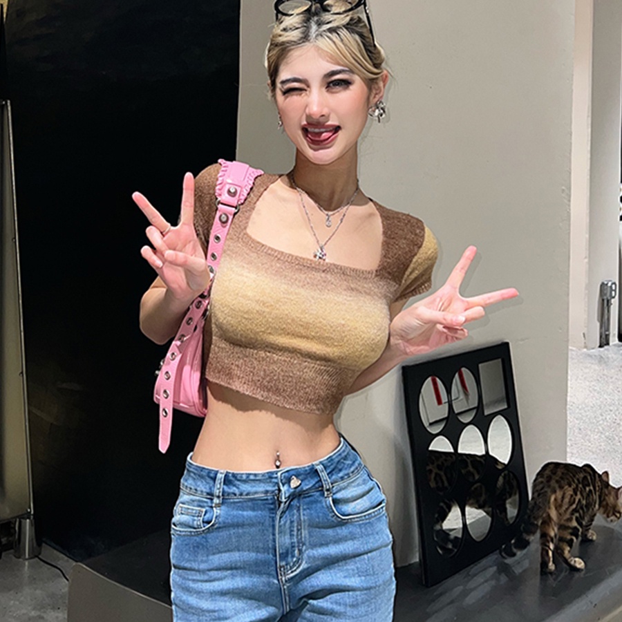 SUXI Áo Thun Tay Ngắn Cổ Vuông Họa Tiết Kẻ Sọc Thời Trang Mùa Hè Xinh Xắn Cho Nữ