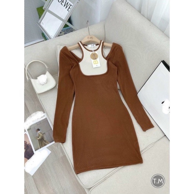 Đầm Body Viền Tay Dài Cổ Yếm Phối Màu Hottreen Hình thật cuối